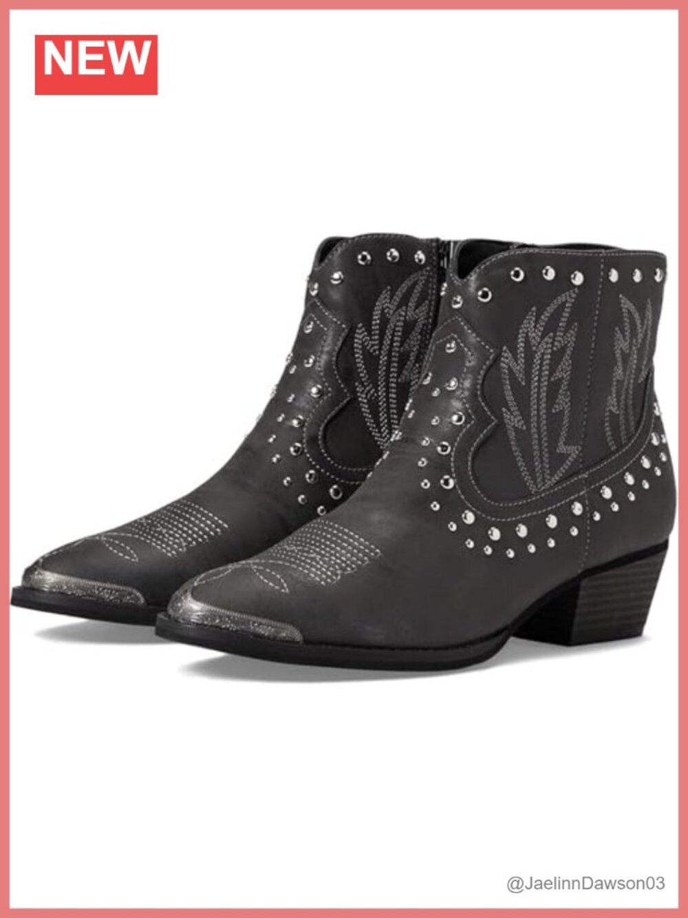 Metallic Faux Leather Western Embroidered Ankle Bootie Stacked Heel